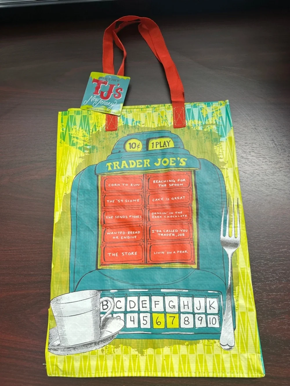 Trader Joe’s Greetings From New Jersey Colorful Tote Bag with Red Handles - Picture 2 of 4